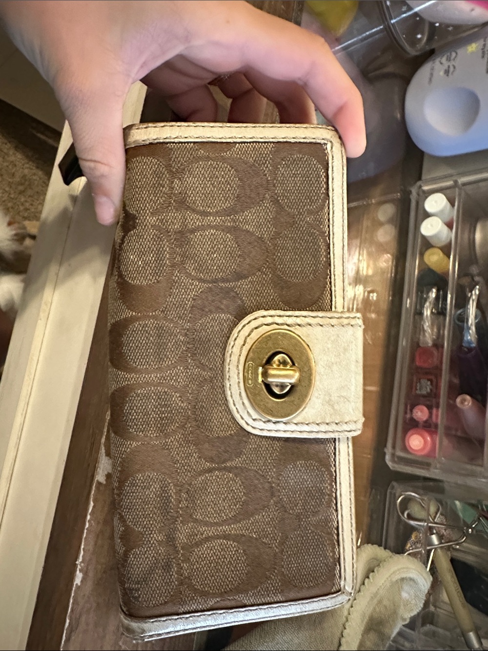 Coach Tan and Cream Signature Jacquard Turnlock Wallet